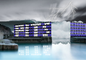 Image of the letters PITS creating a wall made from people, protecting a port from a storm